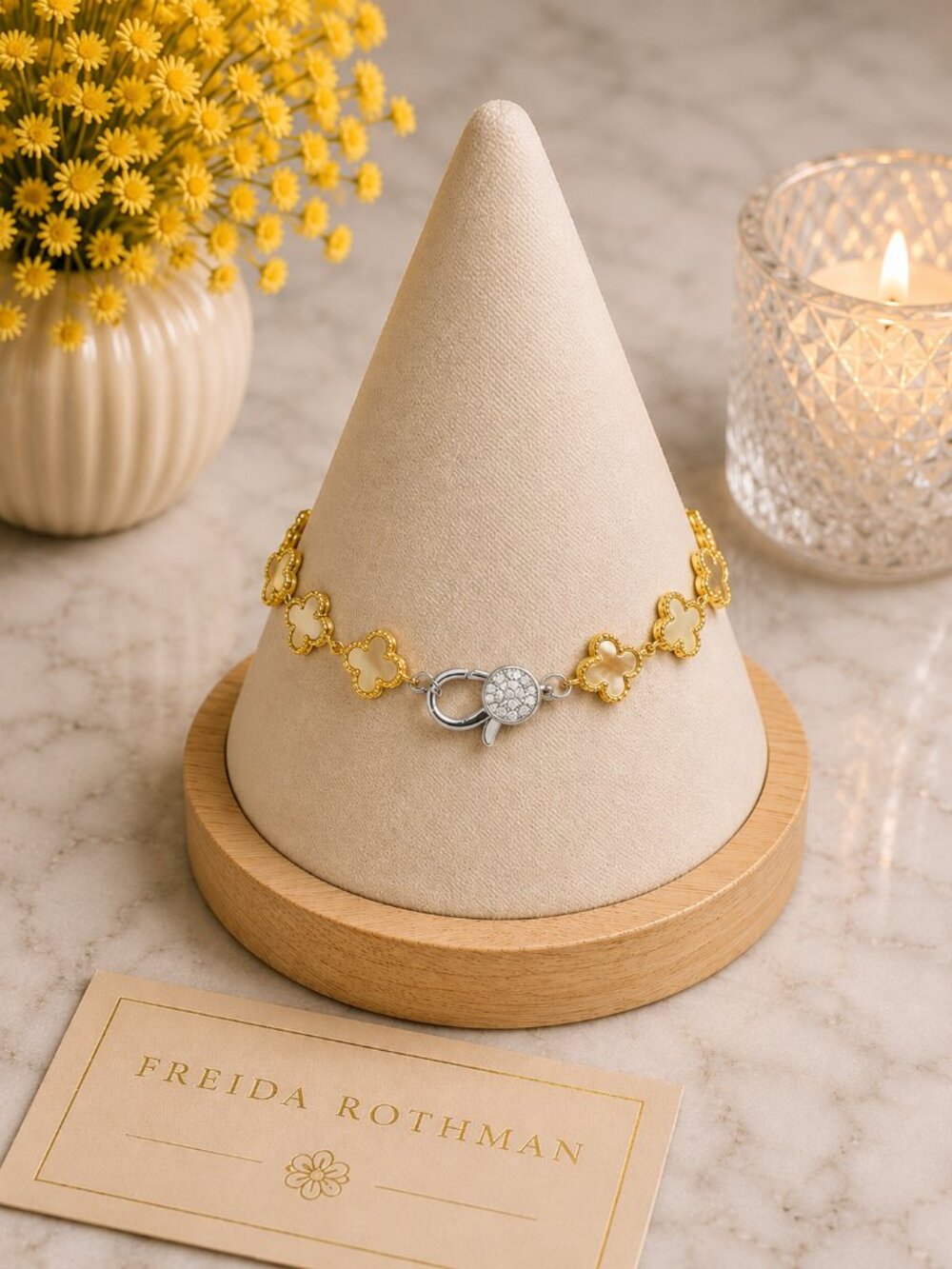 Freida Rothman Two-Tone Clover Bracelet w/ Pave Clasp Brass Base $99 MSRP